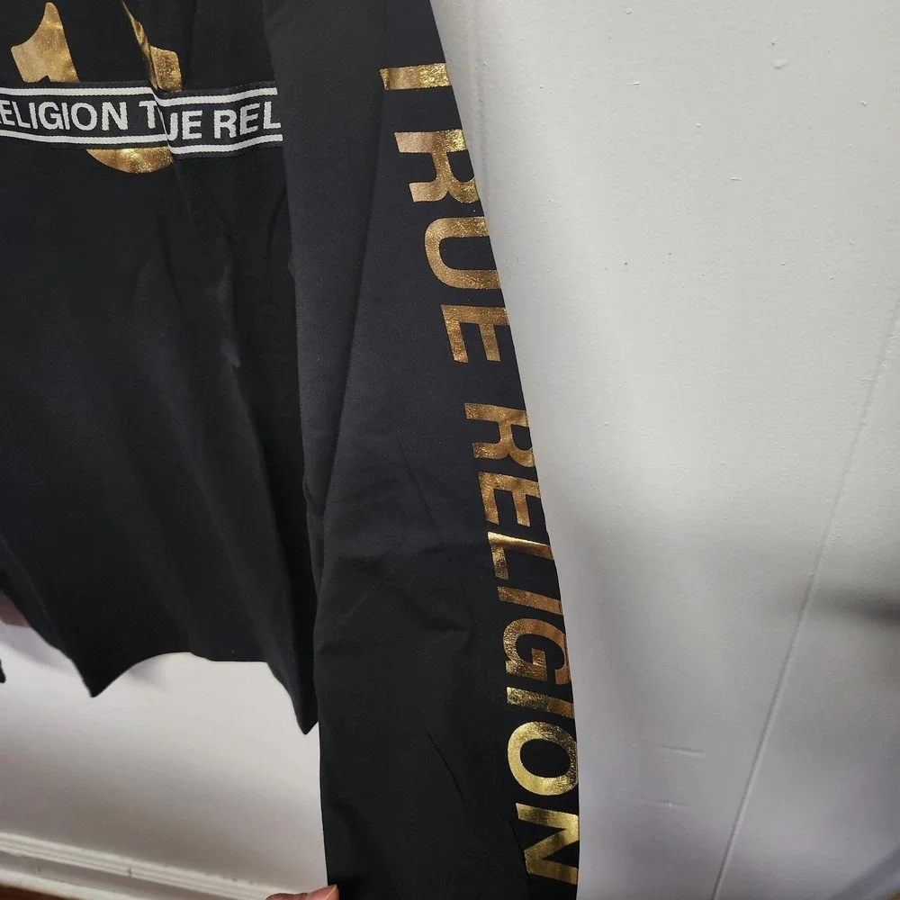 True Religion Shirt Mens XL Black Foil Taping Long Sleeve‎ Gold Logo Streetwear
